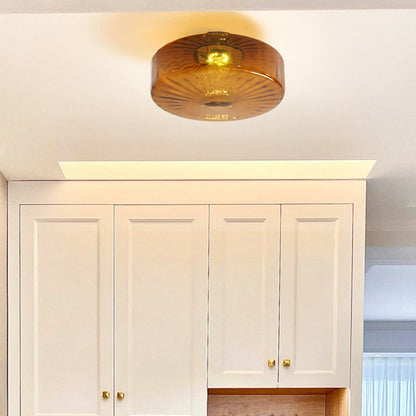 Traditional Rustic Iron Glass Round LED Semi-Flush Mount Ceiling Light For Living Room Or Bedroom