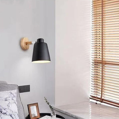 Contemporary Scandinavian Cylindrical Iron Wood 1-Light Wall Sconce Lamp For Bedroom