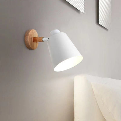 Contemporary Scandinavian Cylindrical Iron Wood 1-Light Wall Sconce Lamp For Bedroom