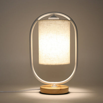 Contemporary Scandinavian Cylinder Solid Wood Fabric Metal 1-Light Table Lamp For Bedroom