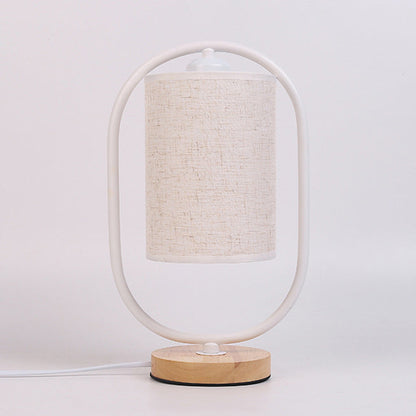 Contemporary Scandinavian Cylinder Solid Wood Fabric Metal 1-Light Table Lamp For Bedroom