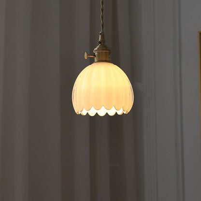 Traditional Vintage Floral Glass Copper 1-Light Pendant Light For Dining Room