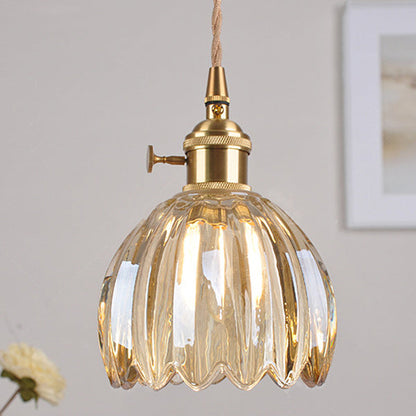 Traditional Vintage Floral Glass Copper 1-Light Pendant Light For Dining Room