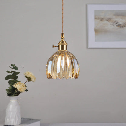 Traditional Vintage Floral Glass Copper 1-Light Pendant Light For Dining Room