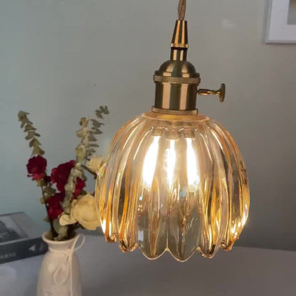 Traditional Vintage Floral Glass Copper 1-Light Pendant Light For Dining Room