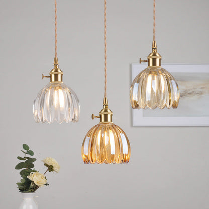 Traditional Vintage Floral Glass Copper 1-Light Pendant Light For Dining Room