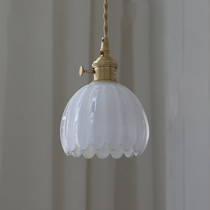 Traditional Vintage Floral Glass Copper 1-Light Pendant Light For Dining Room