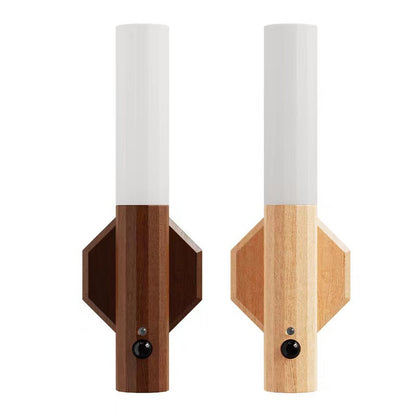 Modern Minimalist Hexagonal Cylinder Solid Wood Acrylic LED Wall Sconce Lamp For Entryway