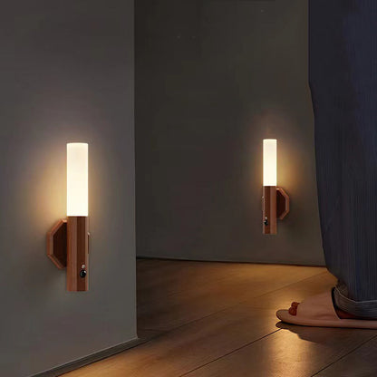 Modern Minimalist Hexagonal Cylinder Solid Wood Acrylic LED Wall Sconce Lamp For Entryway