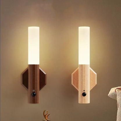 Modern Minimalist Hexagonal Cylinder Solid Wood Acrylic LED Wall Sconce Lamp For Entryway