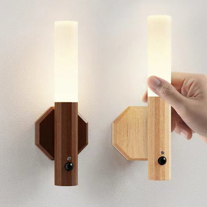 Modern Minimalist Hexagonal Cylinder Solid Wood Acrylic LED Wall Sconce Lamp For Entryway