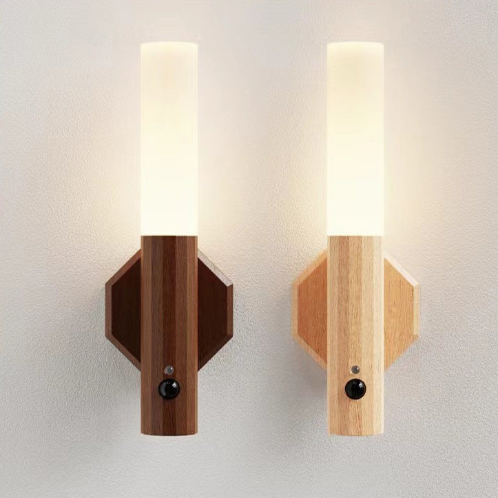 Modern Minimalist Hexagonal Cylinder Solid Wood Acrylic LED Wall Sconce Lamp For Entryway
