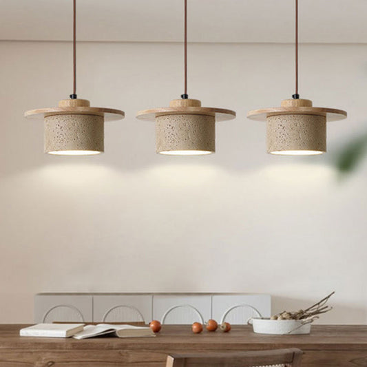 Modern Minimalist Cylindrical Yellow Travertine Solid Wood 1-Light Pendant Light For Bedroom
