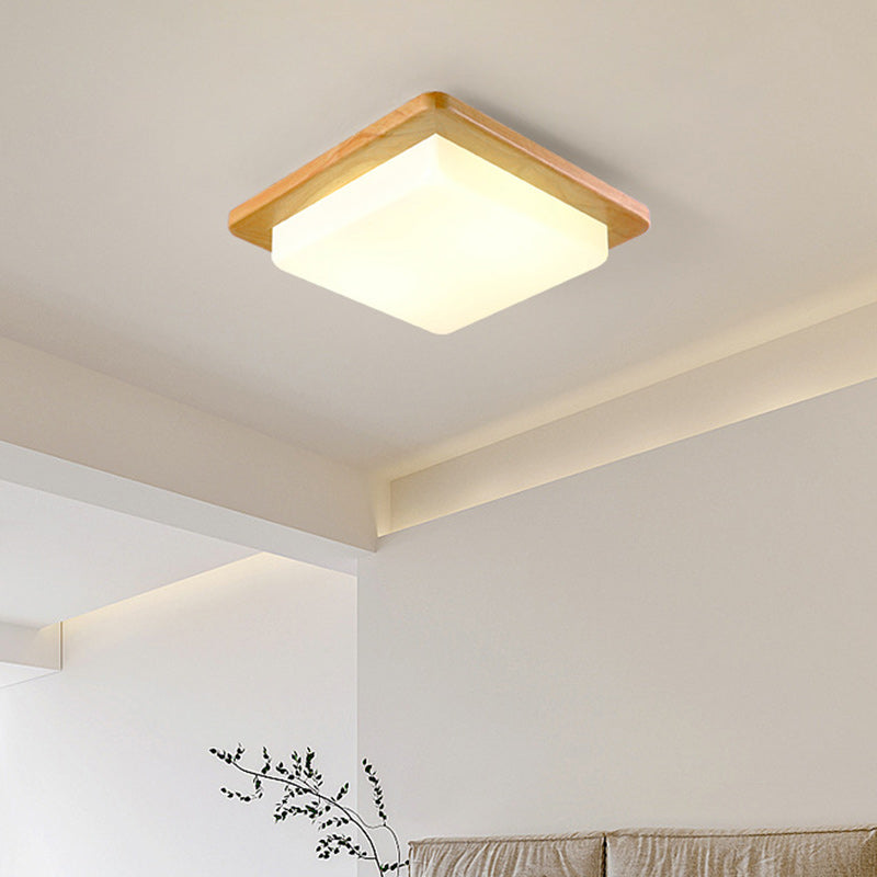 Contemporary Scandinavian Square Wood Acrylic LED Flush Mount Ceiling Light For Bedroom