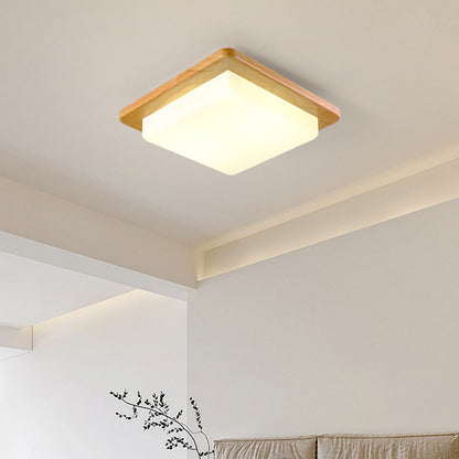 Contemporary Scandinavian Square Wood Acrylic LED Flush Mount Ceiling Light For Bedroom