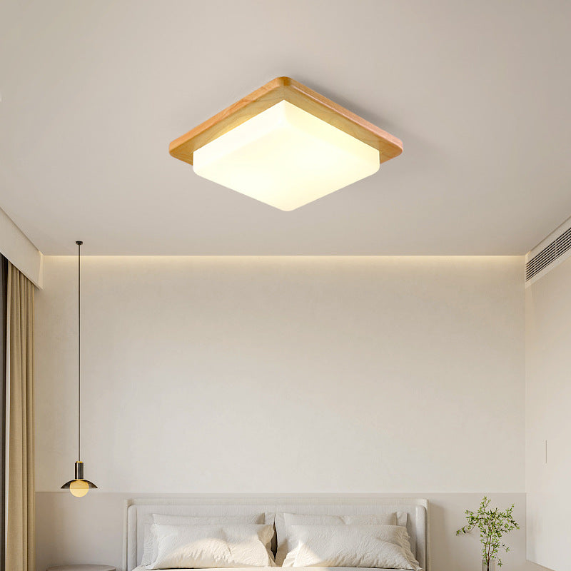 Contemporary Scandinavian Square Wood Acrylic LED Flush Mount Ceiling Light For Bedroom