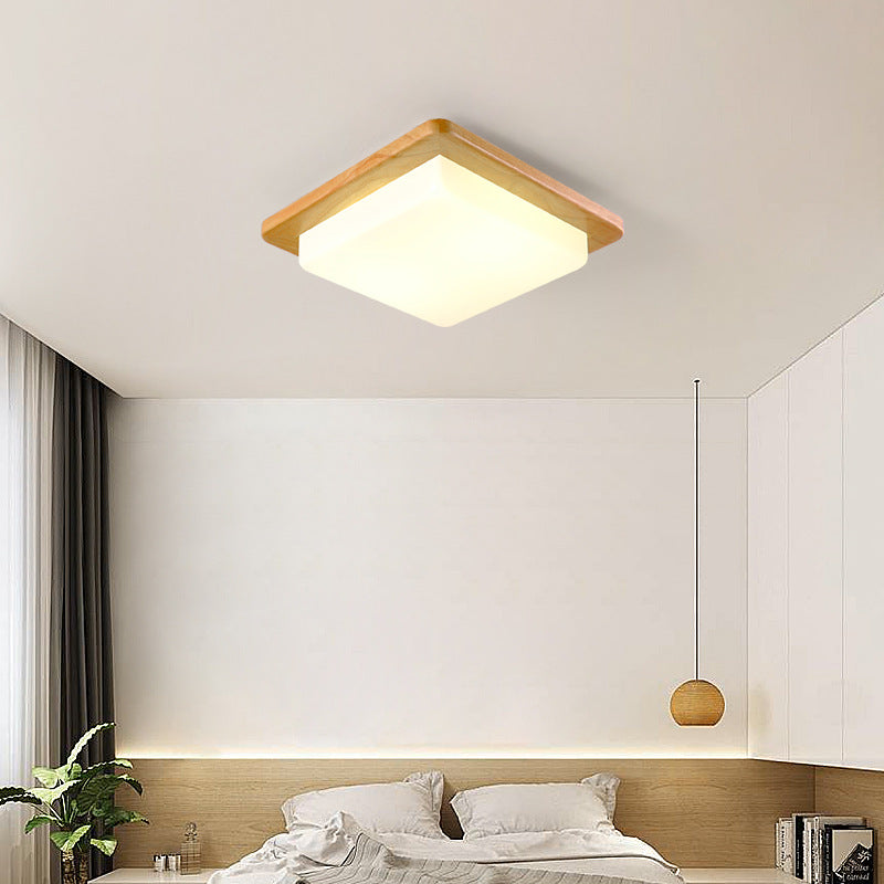 Contemporary Scandinavian Square Wood Acrylic LED Flush Mount Ceiling Light For Bedroom