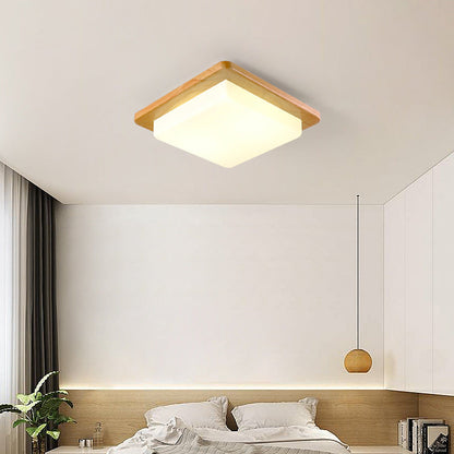 Contemporary Scandinavian Square Wood Acrylic LED Flush Mount Ceiling Light For Bedroom