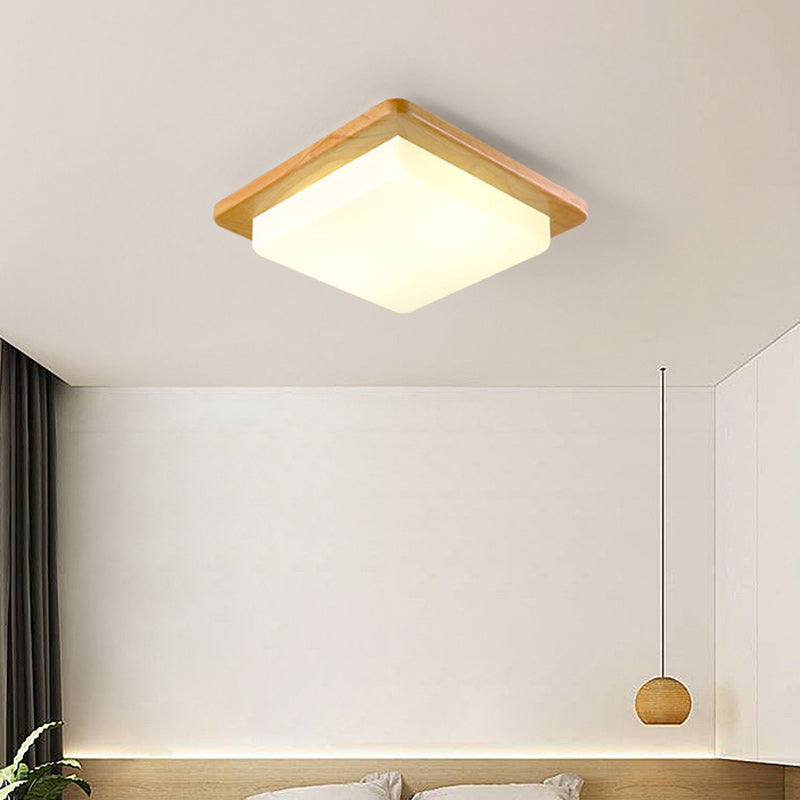 Contemporary Scandinavian Square Wood Acrylic LED Flush Mount Ceiling Light For Bedroom