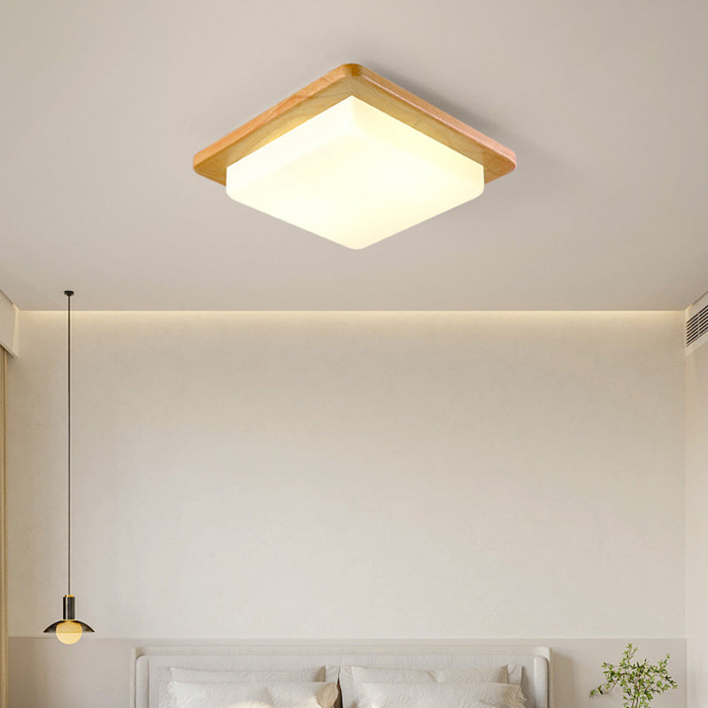 Contemporary Scandinavian Square Wood Acrylic LED Flush Mount Ceiling Light For Bedroom