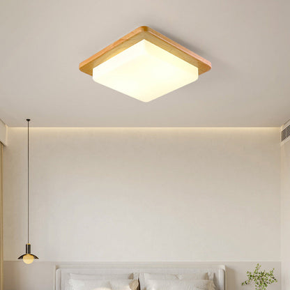 Contemporary Scandinavian Square Wood Acrylic LED Flush Mount Ceiling Light For Bedroom