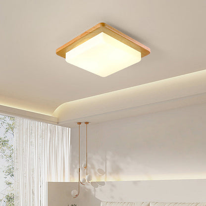 Contemporary Scandinavian Square Wood Acrylic LED Flush Mount Ceiling Light For Bedroom