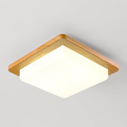 Contemporary Scandinavian Square Wood Acrylic LED Flush Mount Ceiling Light For Bedroom