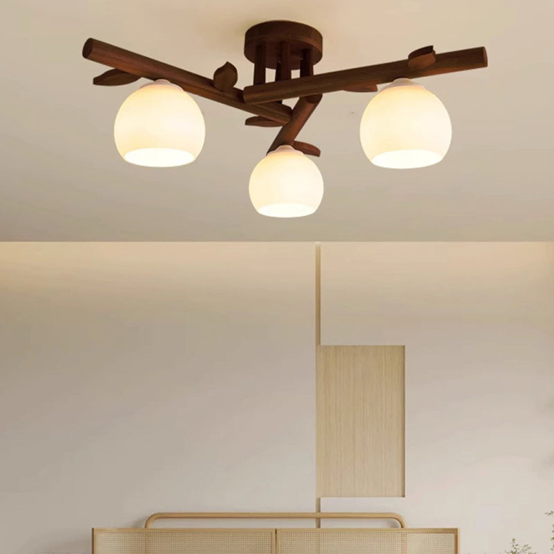 Traditional Japanese Round Fan Wood Glass 3/5/8 Light Semi-Flush Mount Ceiling Light For Living Room