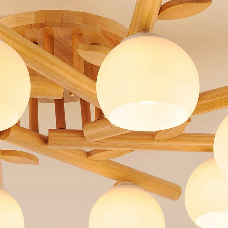 Traditional Japanese Round Fan Wood Glass 3/5/8 Light Semi-Flush Mount Ceiling Light For Living Room
