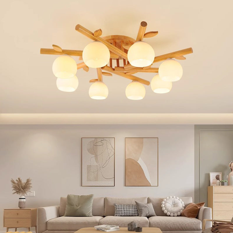 Traditional Japanese Round Fan Wood Glass 3/5/8 Light Semi-Flush Mount Ceiling Light For Living Room