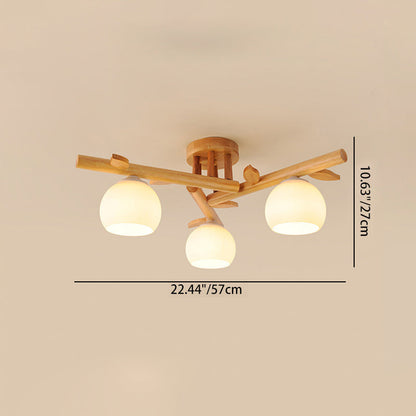 Traditional Japanese Round Fan Wood Glass 3/5/8 Light Semi-Flush Mount Ceiling Light For Living Room