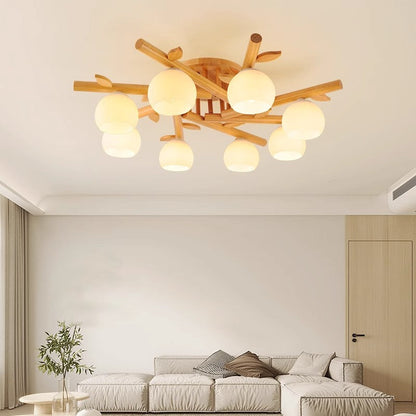 Traditional Japanese Round Fan Wood Glass 3/5/8 Light Semi-Flush Mount Ceiling Light For Living Room