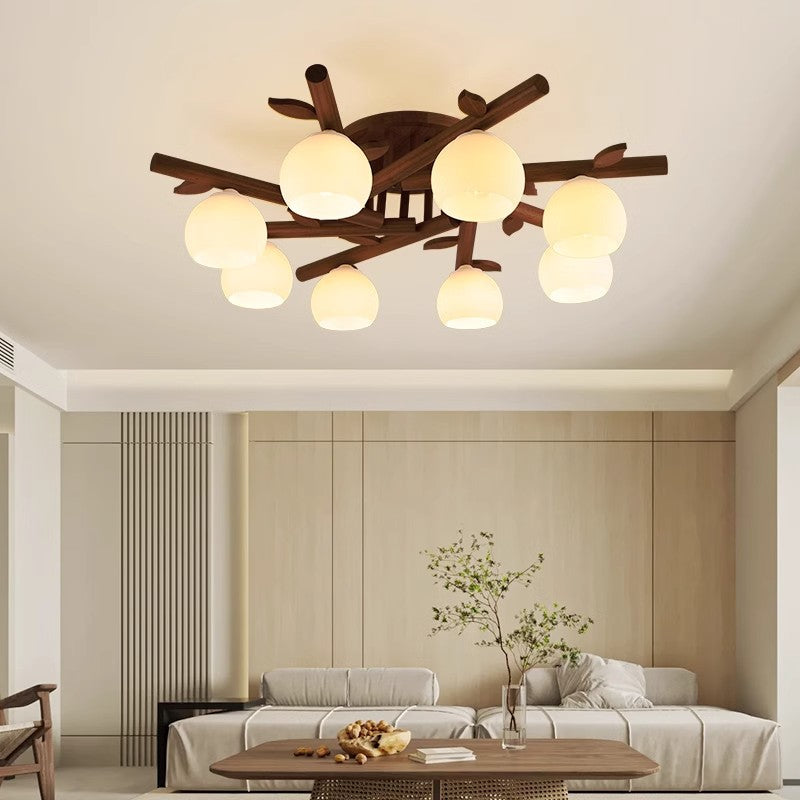 Traditional Japanese Round Fan Wood Glass 3/5/8 Light Semi-Flush Mount Ceiling Light For Living Room