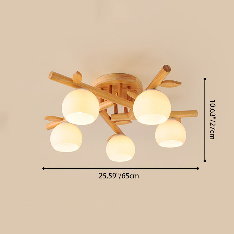 Traditional Japanese Round Fan Wood Glass 3/5/8 Light Semi-Flush Mount Ceiling Light For Living Room