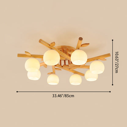 Traditional Japanese Round Fan Wood Glass 3/5/8 Light Semi-Flush Mount Ceiling Light For Living Room