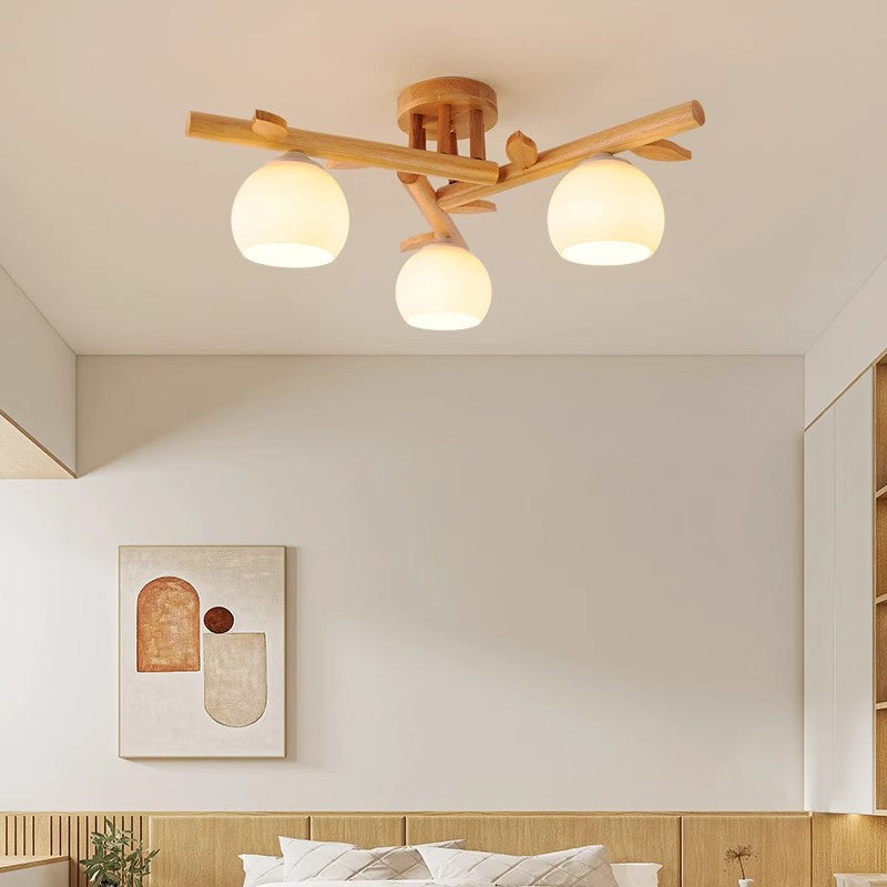 Traditional Japanese Round Fan Wood Glass 3/5/8 Light Semi-Flush Mount Ceiling Light For Living Room