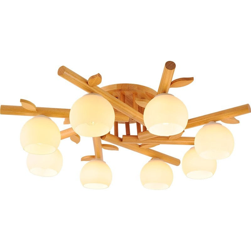 Traditional Japanese Round Fan Wood Glass 3/5/8 Light Semi-Flush Mount Ceiling Light For Living Room