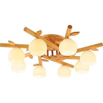 Traditional Japanese Round Fan Wood Glass 3/5/8 Light Semi-Flush Mount Ceiling Light For Living Room