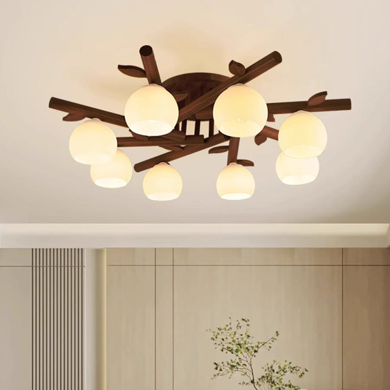 Traditional Japanese Round Fan Wood Glass 3/5/8 Light Semi-Flush Mount Ceiling Light For Living Room