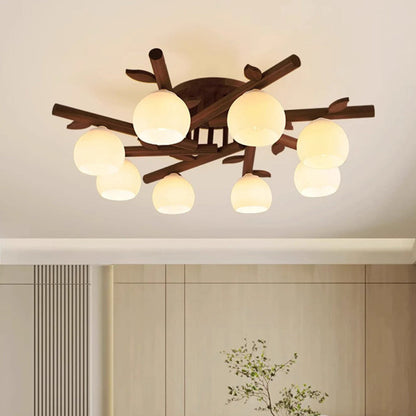 Traditional Japanese Round Fan Wood Glass 3/5/8 Light Semi-Flush Mount Ceiling Light For Living Room