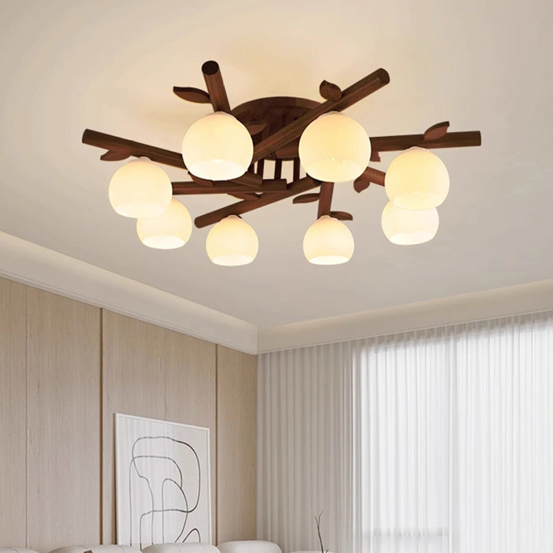 Traditional Japanese Round Fan Wood Glass 3/5/8 Light Semi-Flush Mount Ceiling Light For Living Room