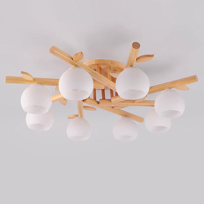 Traditional Japanese Round Fan Wood Glass 3/5/8 Light Semi-Flush Mount Ceiling Light For Living Room