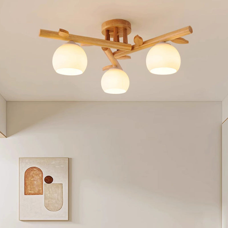 Traditional Japanese Round Fan Wood Glass 3/5/8 Light Semi-Flush Mount Ceiling Light For Living Room