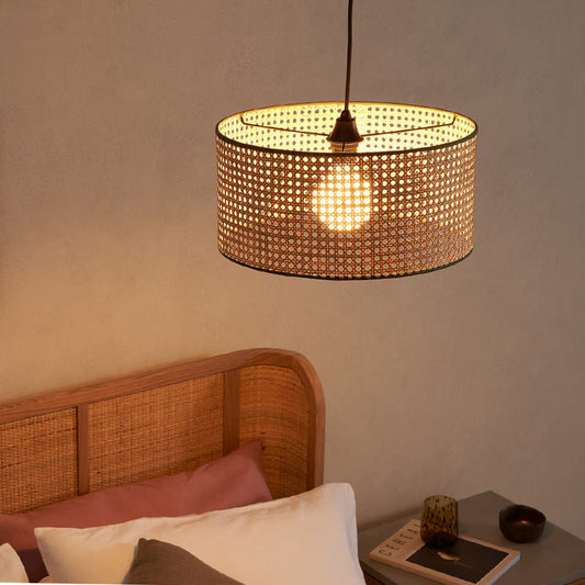 Traditional Japanese Cylindrical Wicker Iron 1-light Pendant Light For Bedroom