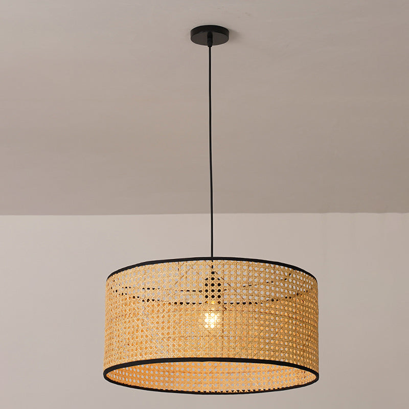 Traditional Japanese Cylindrical Wicker Iron 1-light Pendant Light For Bedroom