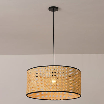 Traditional Japanese Cylindrical Wicker Iron 1-light Pendant Light For Bedroom
