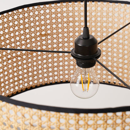 Traditional Japanese Cylindrical Wicker Iron 1-light Pendant Light For Bedroom