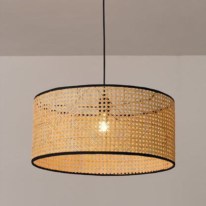 Traditional Japanese Cylindrical Wicker Iron 1-light Pendant Light For Bedroom