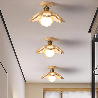 Modern Minimalist Flower PVC Wood 1-Light Semi-Flush Mount Ceiling Light For Hallway