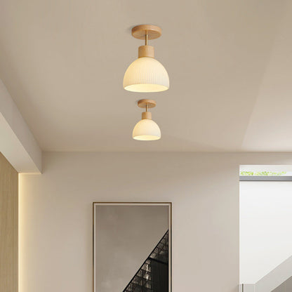 Modern Minimalist Half Round Wood Glass 1-Light Semi-Flush Mount Ceiling Light For Hallway